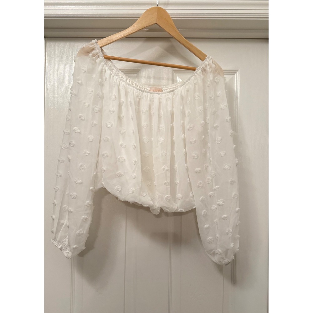 Audrey Parks Blouse Women S White Swiss Dot Off-Shoulder Balloon Sleeve Crop